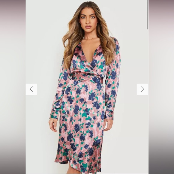 Boohoo Floral Print Satin Wrap Midi Dress - Picture 3 of 8